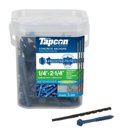 TAPCON Tapcon Concrete Screw, 1/4" Dia., Hex, 2-1/4" L, Steel 225 PK 24525